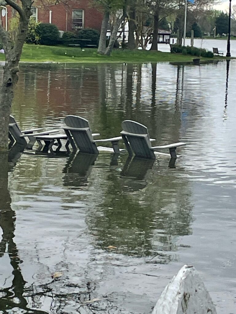 a group of benches sit in a flooded area (MyCoast AI)