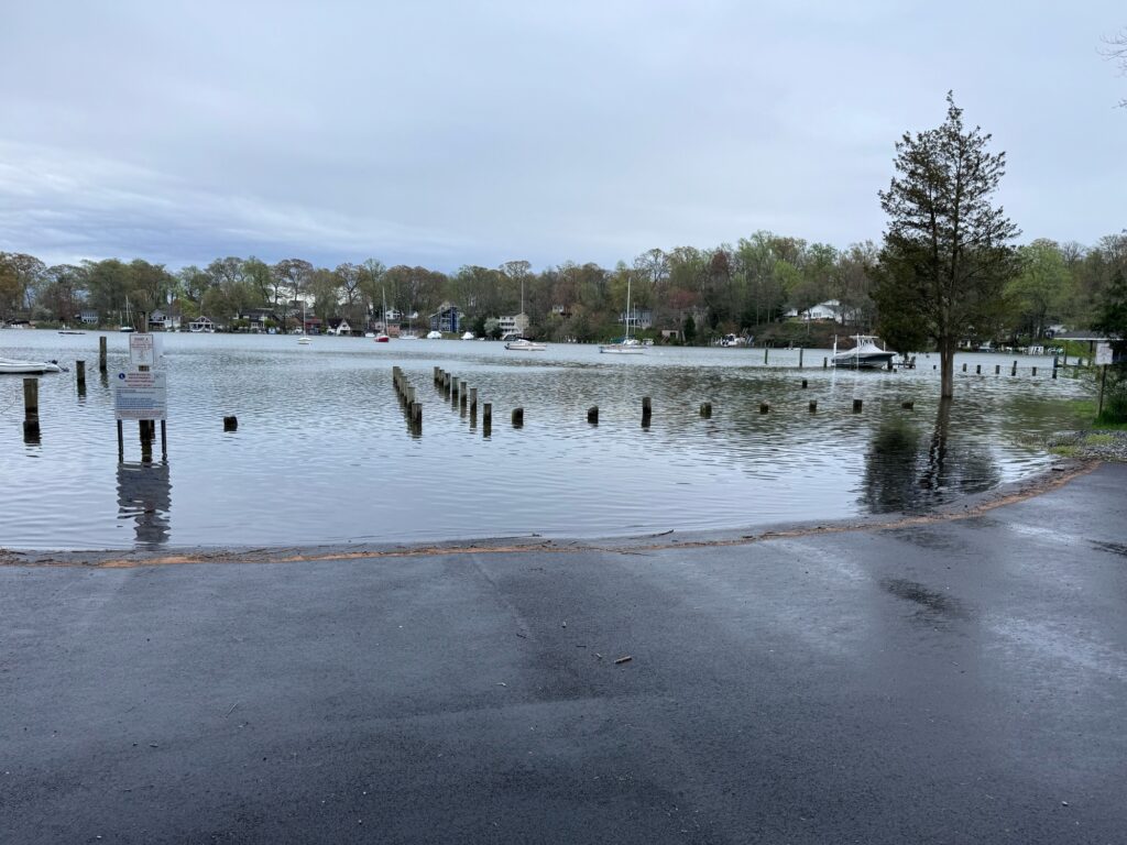 a body of water with a dock and trees in the background (MyCoast AI)