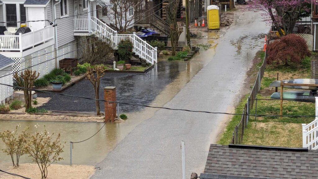 a flooded street with a house and trees (MyCoast AI)