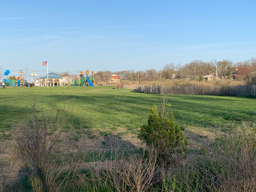 a grassy field with buildings in the background (MyCoast AI)