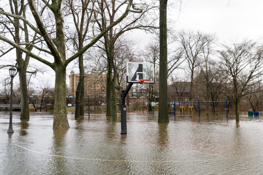 a flooded basketball court (MyCoast AI)