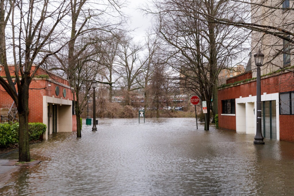 a flooded street with buildings and trees (MyCoast AI)