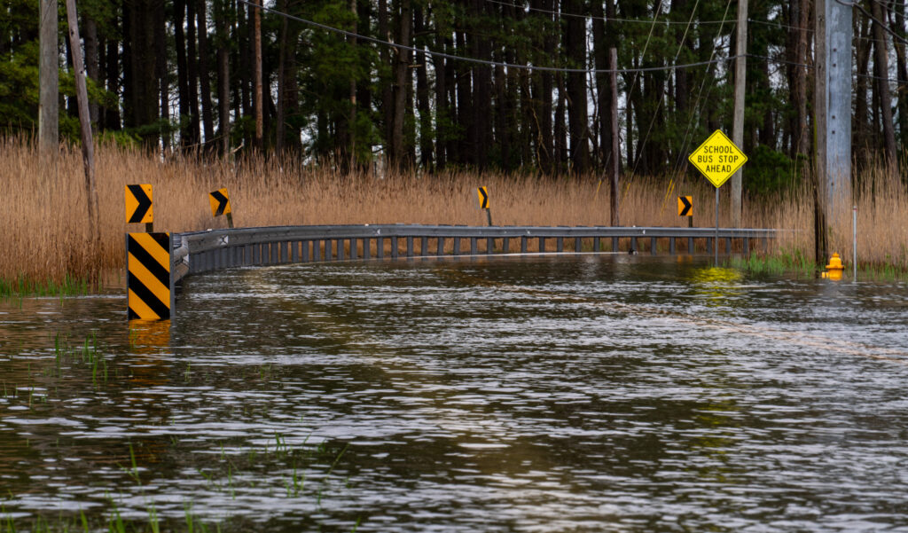 a flooded area with yellow signs (MyCoast AI)