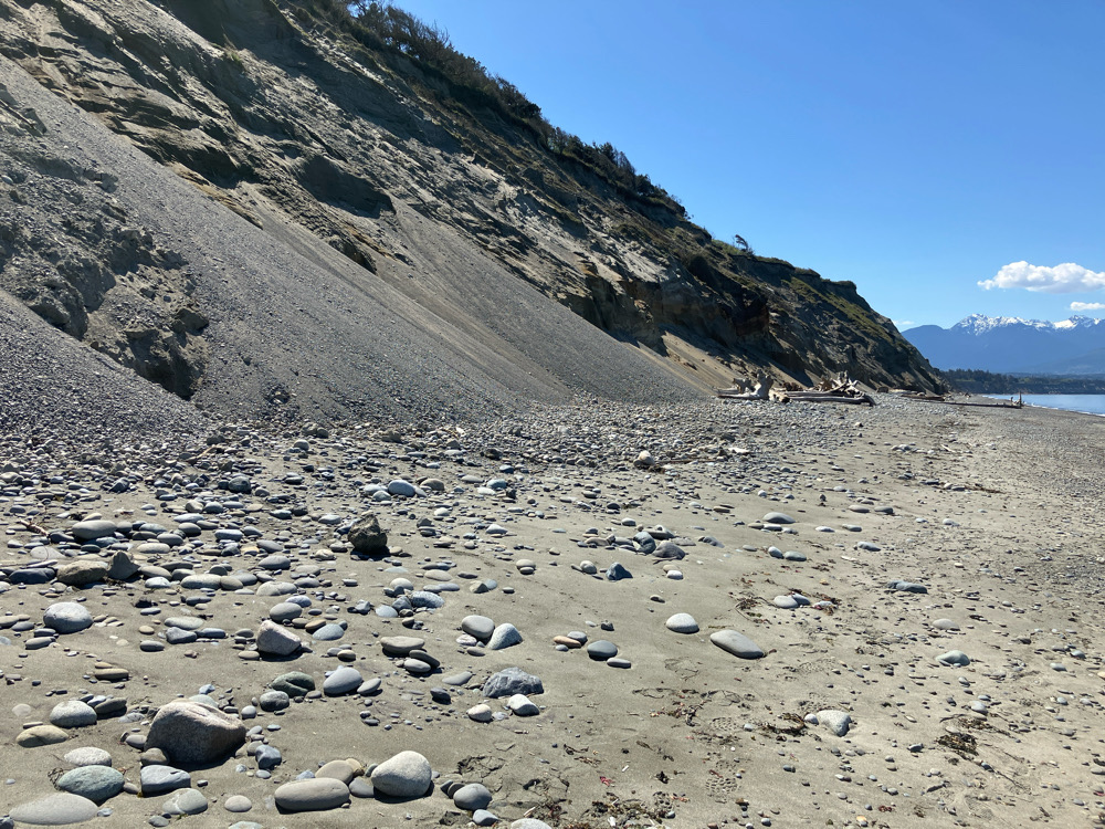 a rocky beach with a hill in the background (MyCoast AI)
