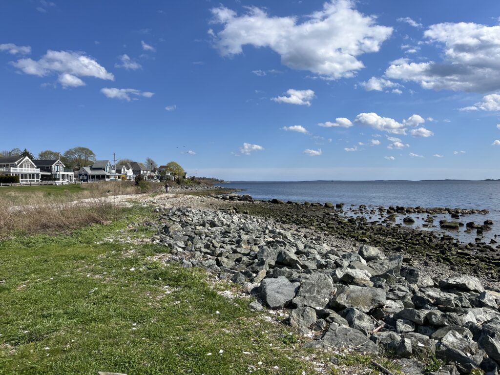 a rocky beach with houses and water (MyCoast AI)