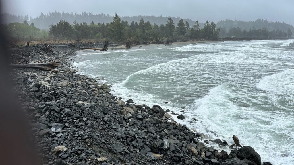 a rocky beach with waves crashing (MyCoast AI)