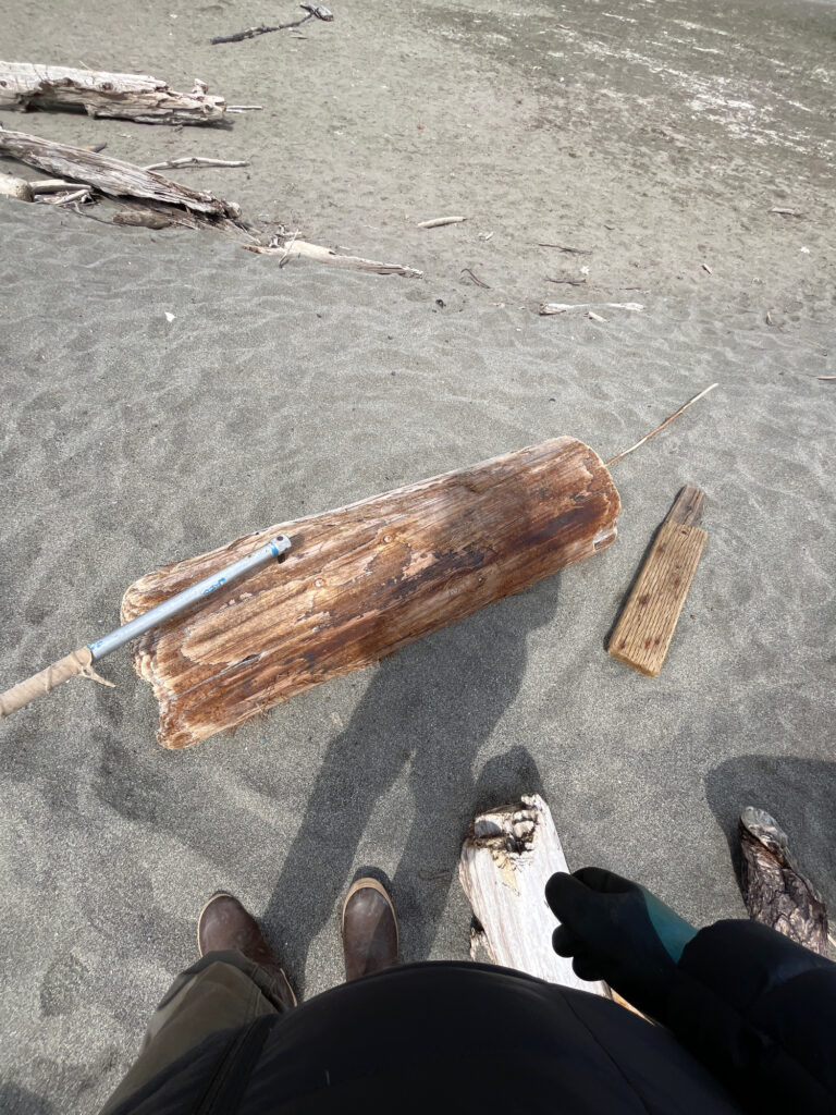 a group of people standing on a beach with a broken wood stick (MyCoast AI)