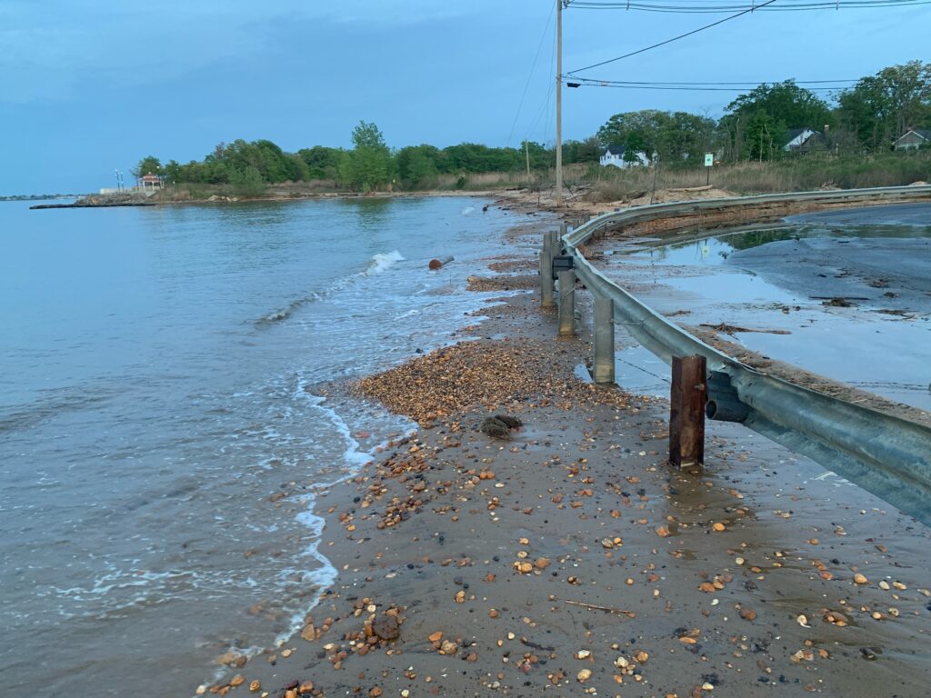 a flooded area with a wooden dock (MyCoast AI)