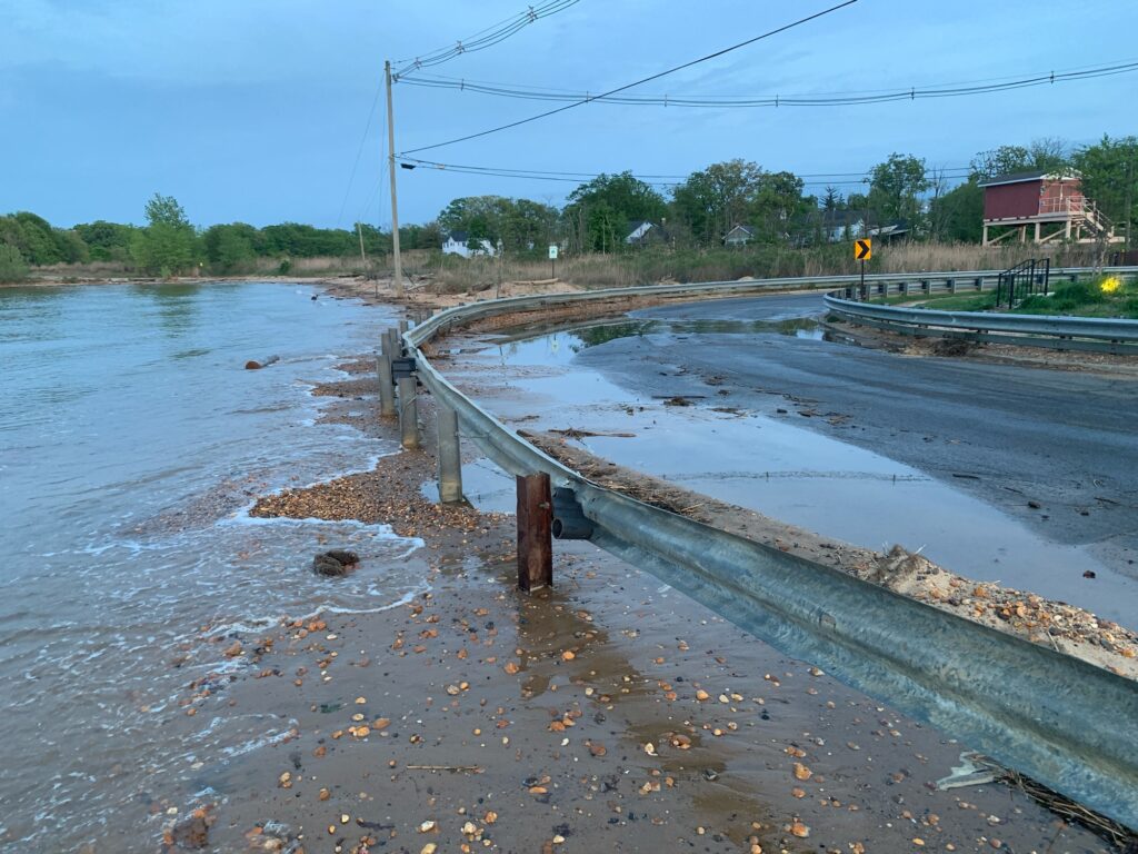 a flooded road with a bridge (MyCoast AI)