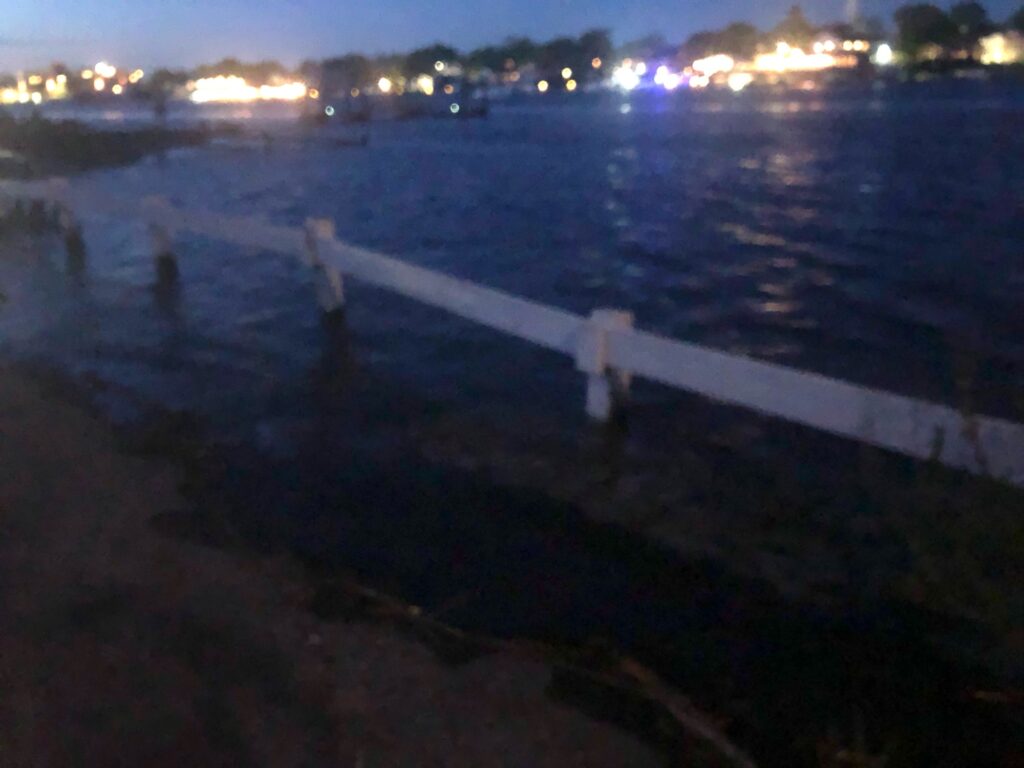 a body of water with a railing and lights in the background (MyCoast AI)
