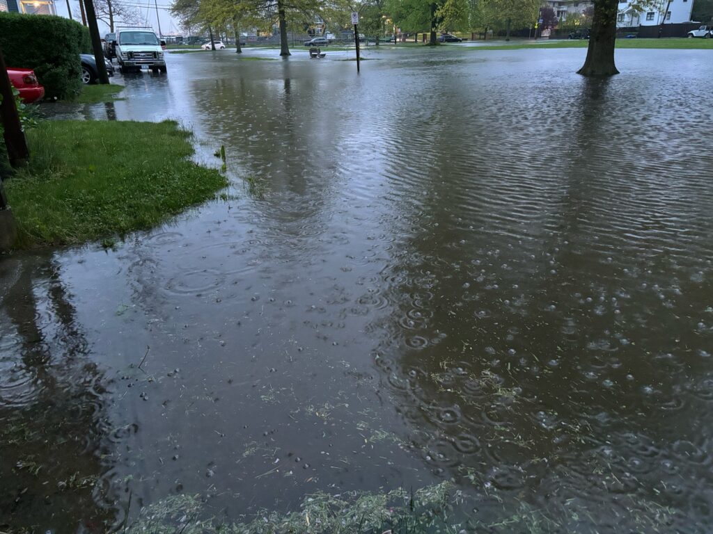 a flooded street with cars and trees (MyCoast AI)