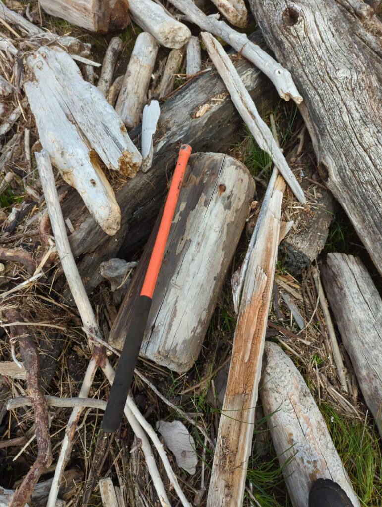a red and black knife on a tree stump (MyCoast AI)