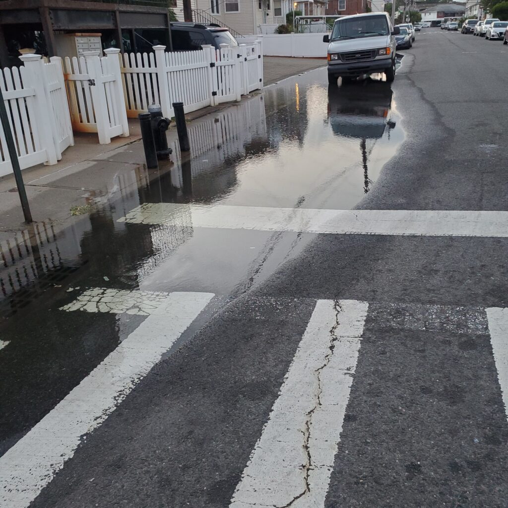 a wet street with cars and a white fence (MyCoast AI)