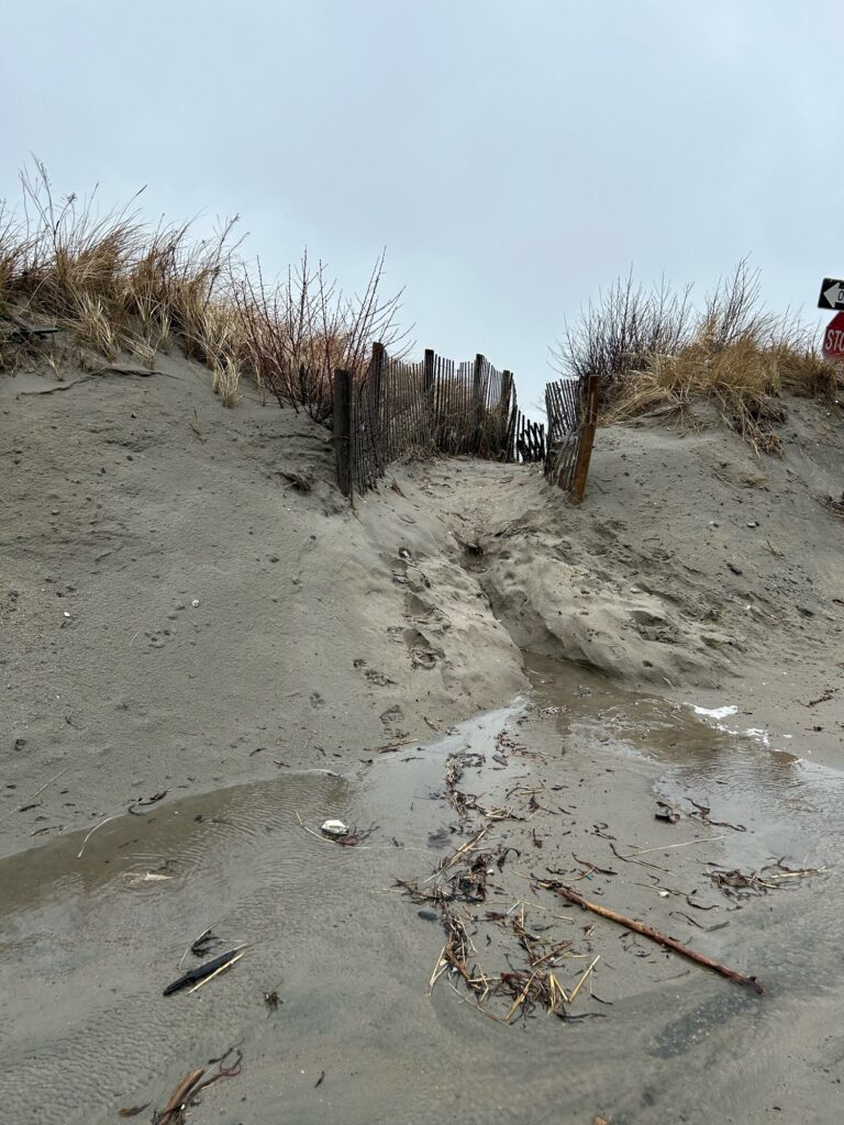 a muddy area with a fence and a dirt path (MyCoast AI)