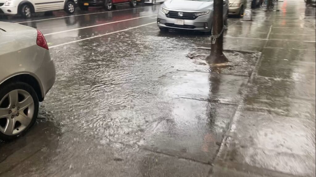 a wet street with cars parked on the side (MyCoast AI)