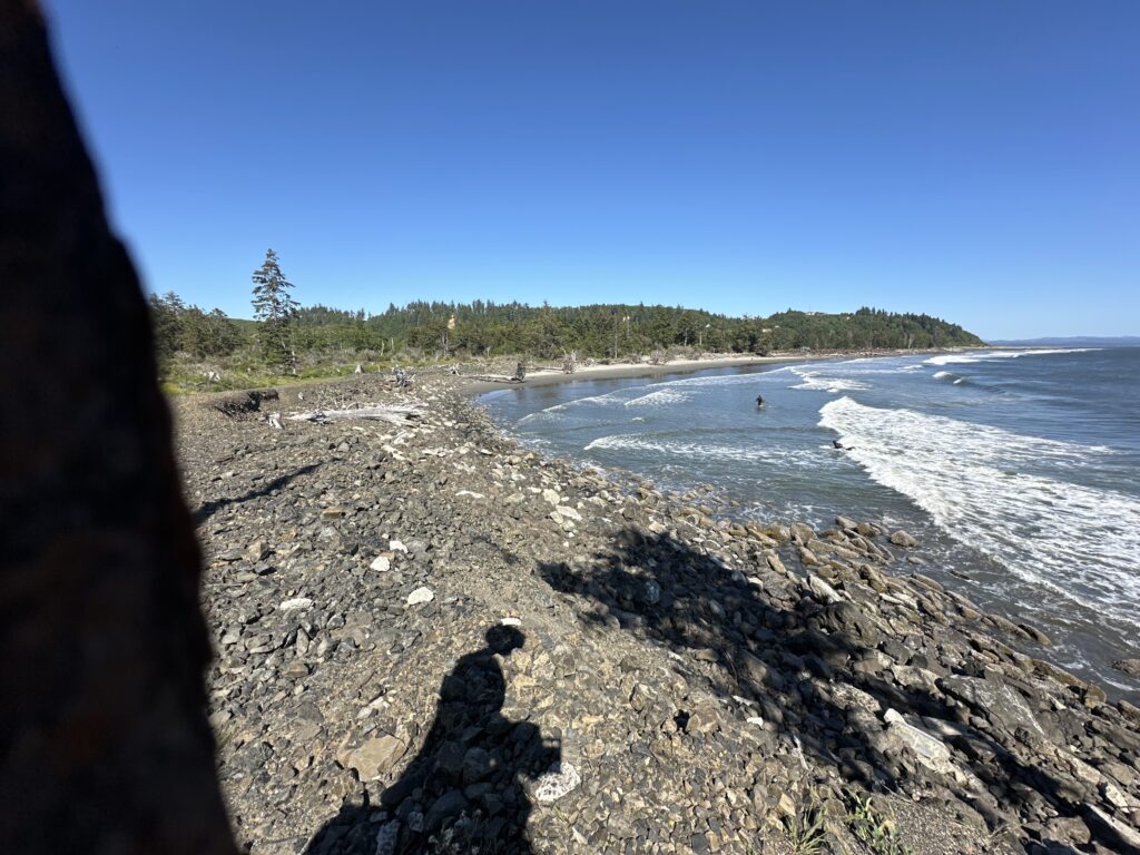 a rocky beach with a body of water and trees in the background (MyCoast AI)