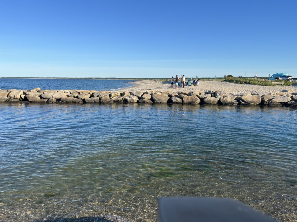 a group of people standing on a rock in the water (MyCoast AI)