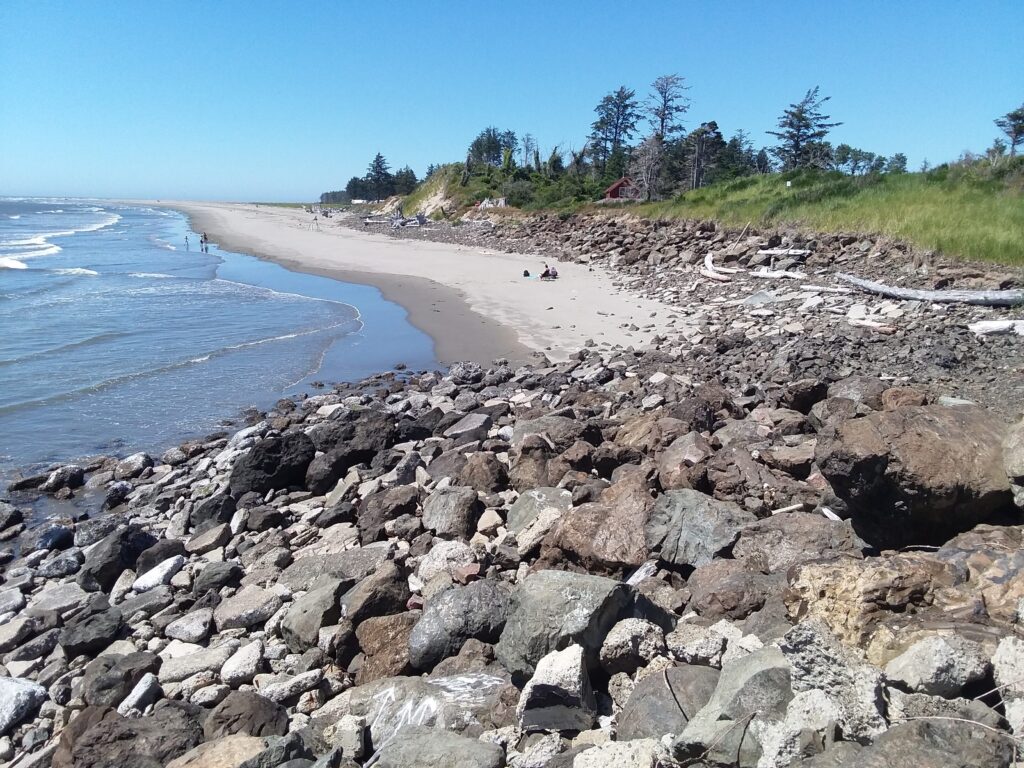 a rocky beach with a body of water and trees (MyCoast AI)