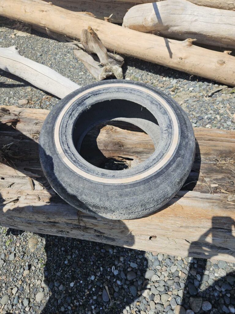 a tire on a pile of rocks (MyCoast AI)