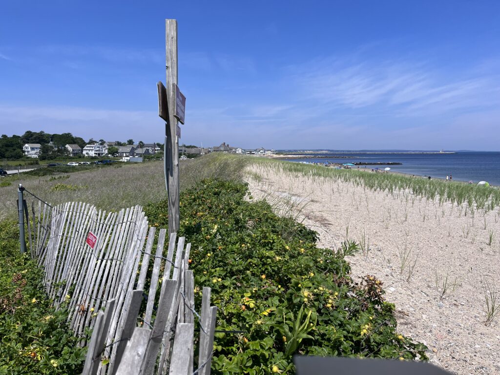 a wooden fence on a beach (MyCoast AI)