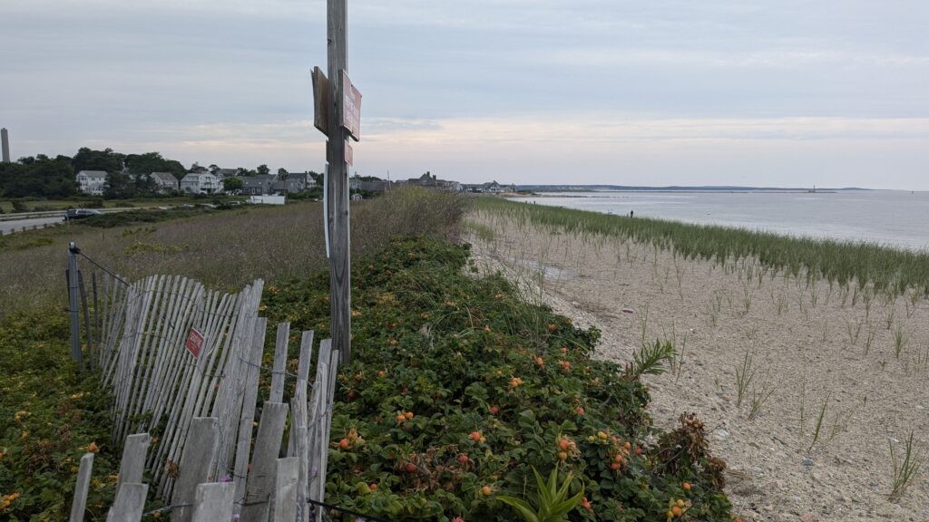 a wooden fence on a beach (MyCoast AI)