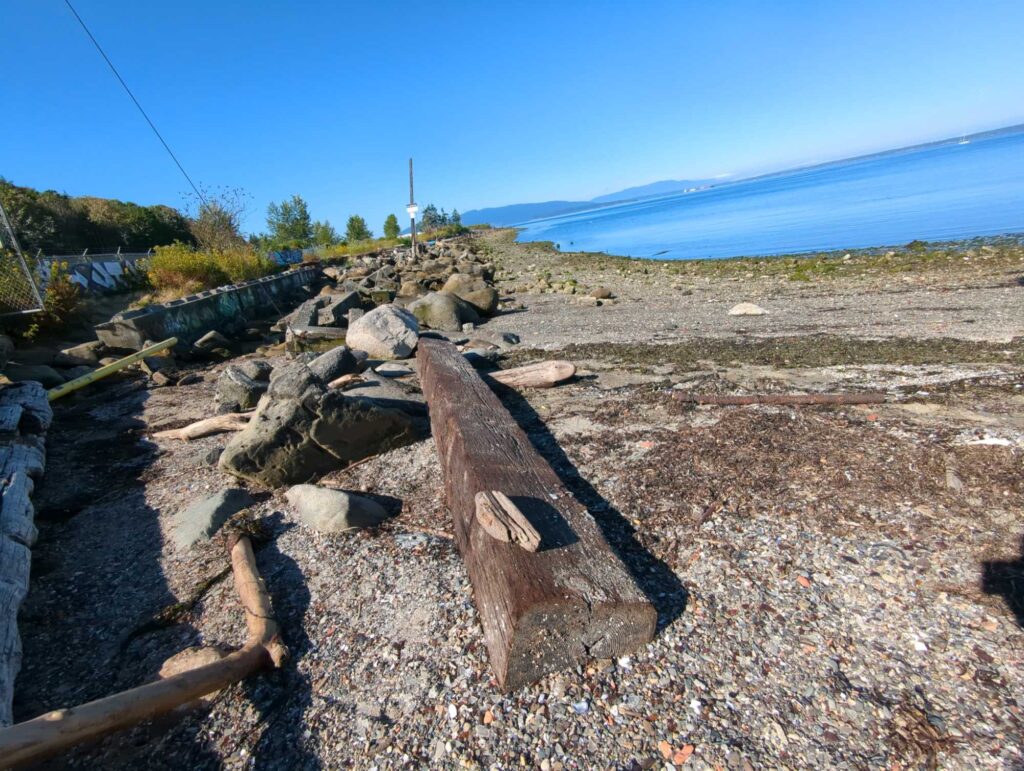 a wooden bench on a rocky beach (MyCoast AI)