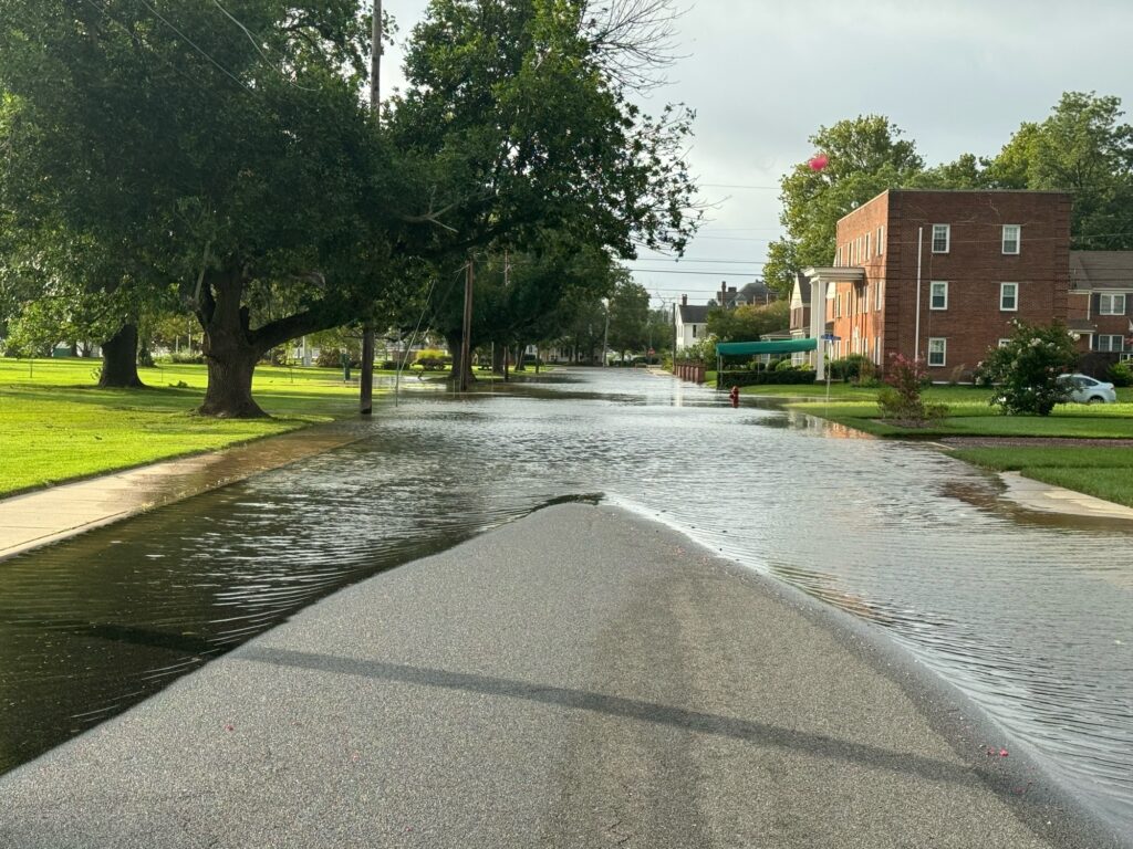 a flooded street with trees and buildings (MyCoast AI)