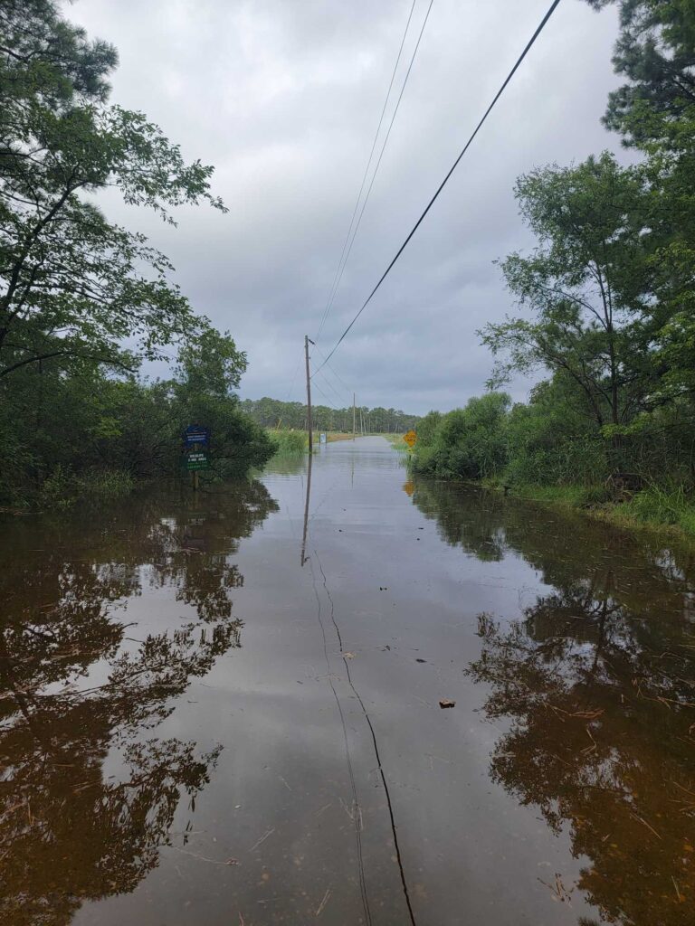 a flooded road with trees on either side of it (MyCoast AI)