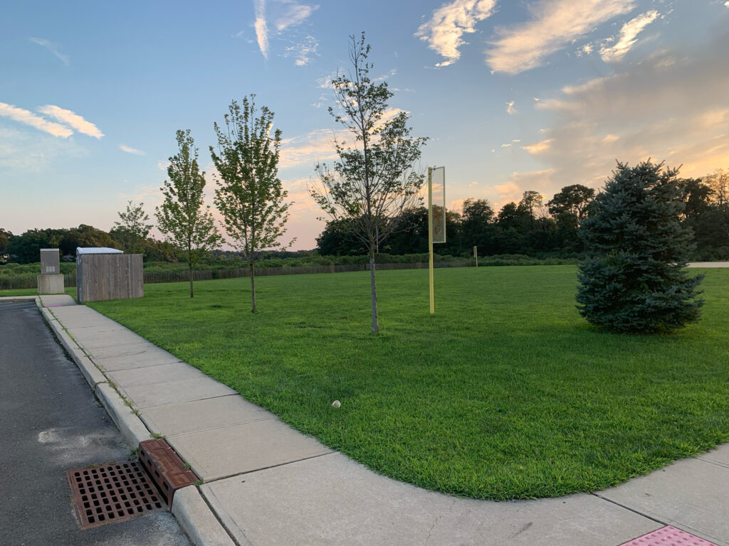 a grassy area with trees and a sign in the middle (MyCoast AI)