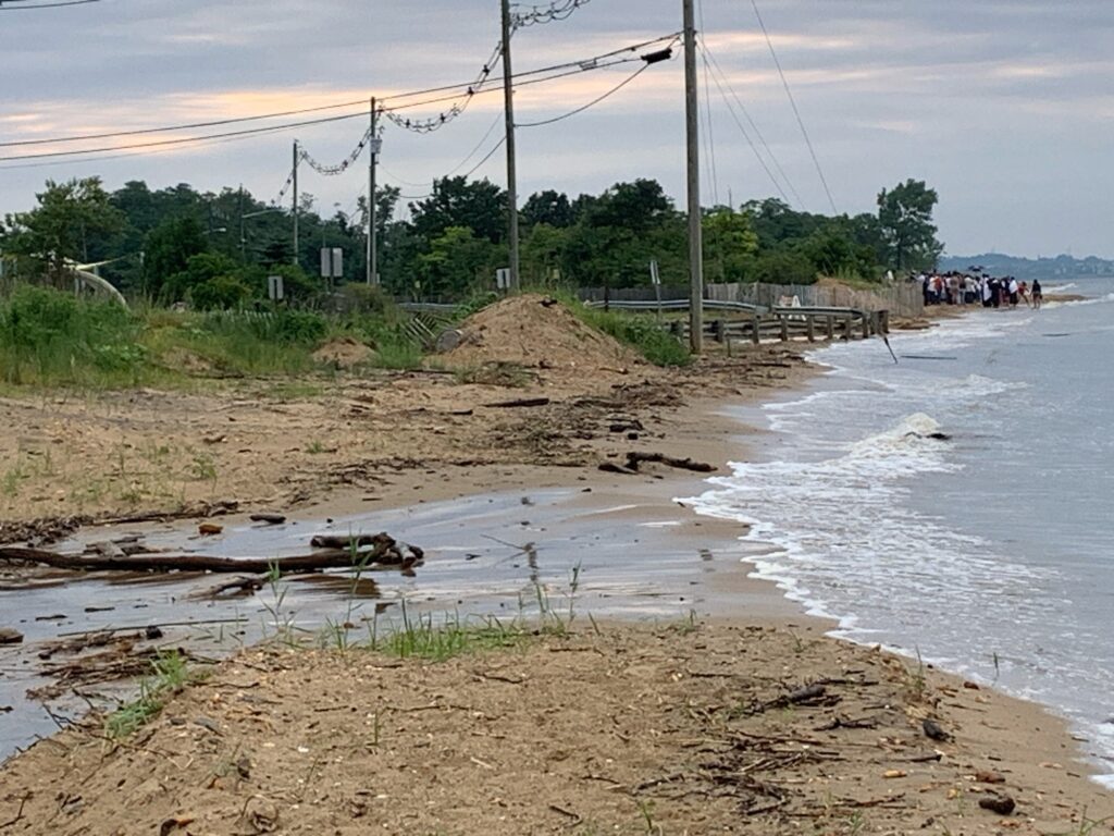 a muddy beach with a pile of sand and a wooden pole (MyCoast AI)