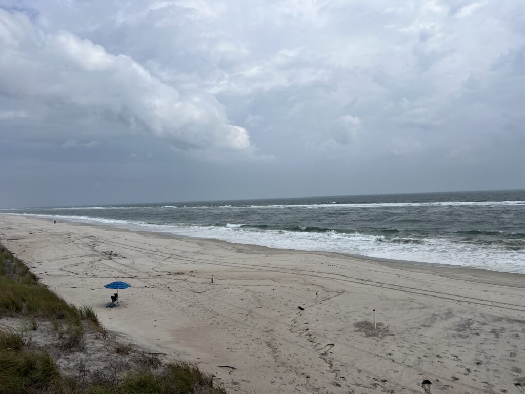 a beach with a blue umbrella (MyCoast AI)