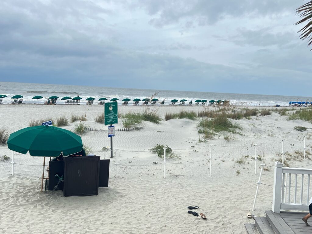 a beach with a green umbrella (MyCoast AI)