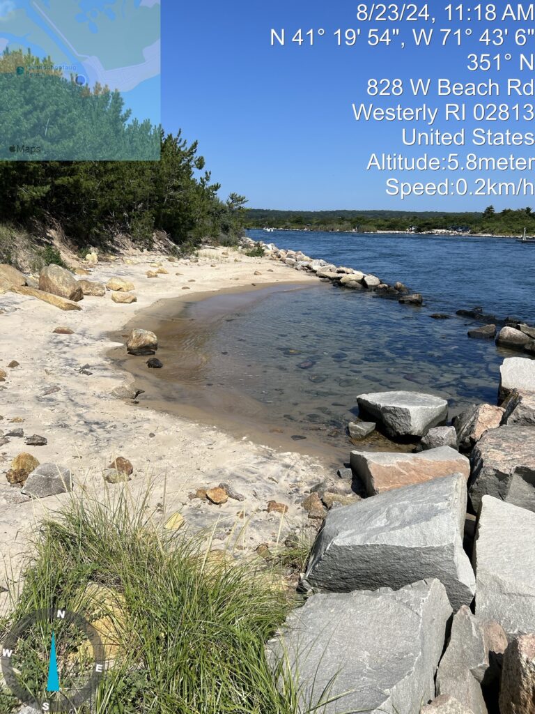 a rocky beach with a body of water and trees (MyCoast AI)