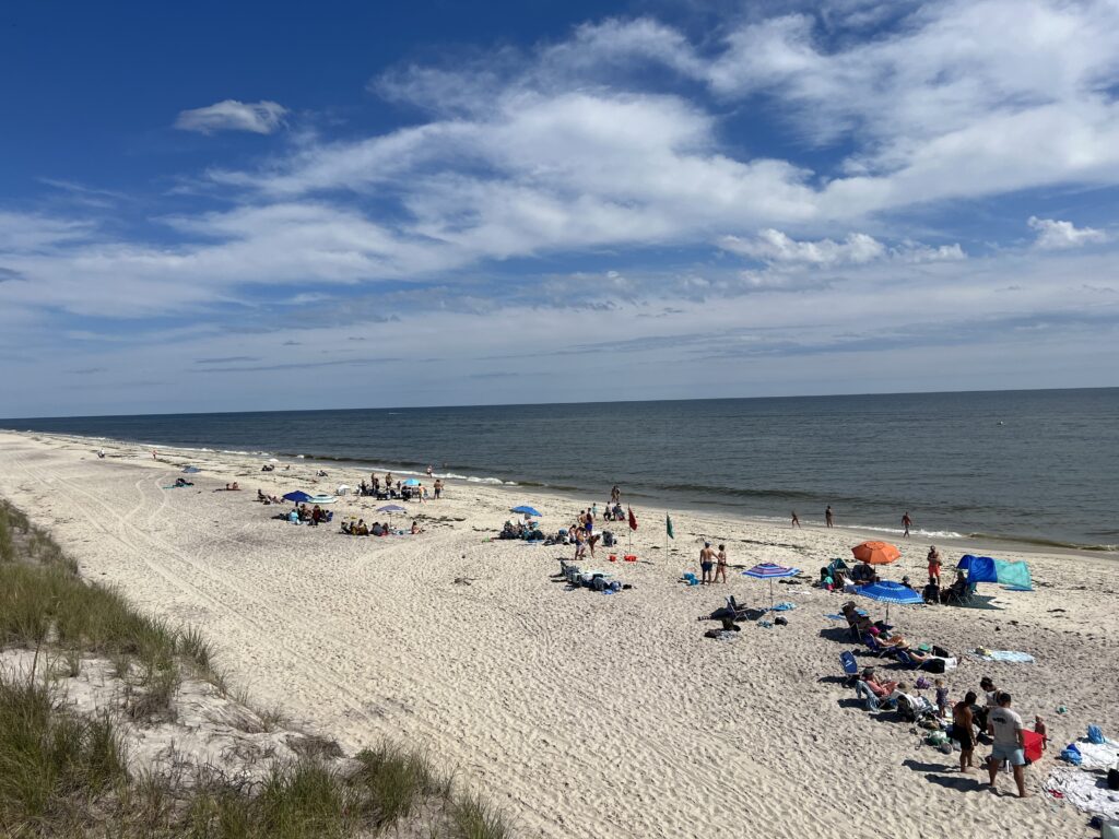 a beach with people and umbrellas (MyCoast AI)