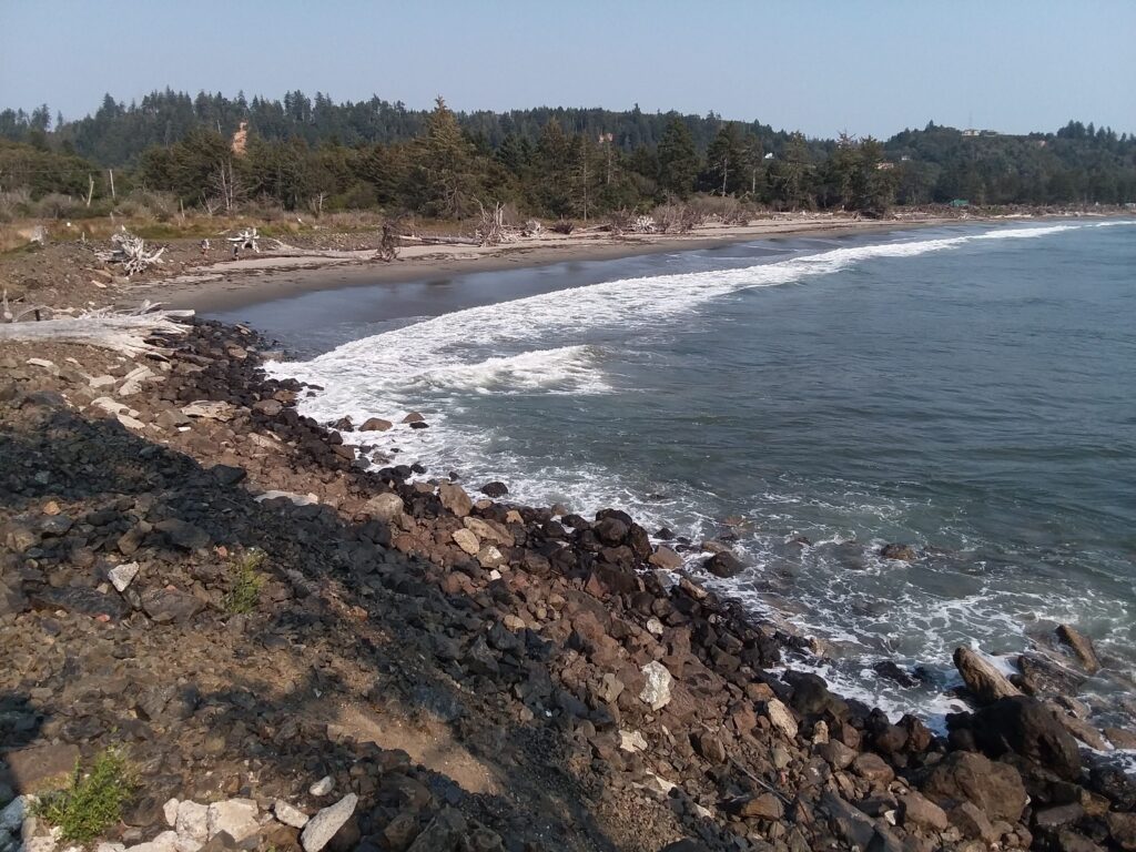 a rocky beach with a body of water and trees in the background (MyCoast AI)