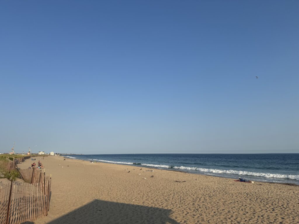 a sandy beach with a fence and water in the background (MyCoast AI)