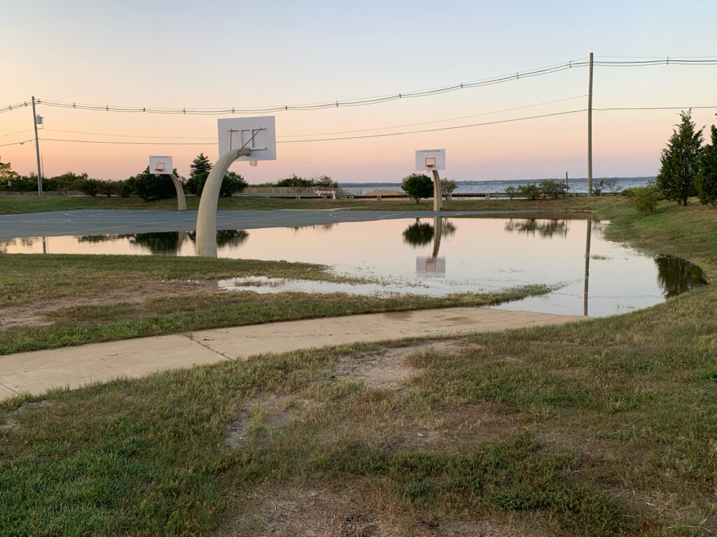 a flooded street with a sign (MyCoast AI)
