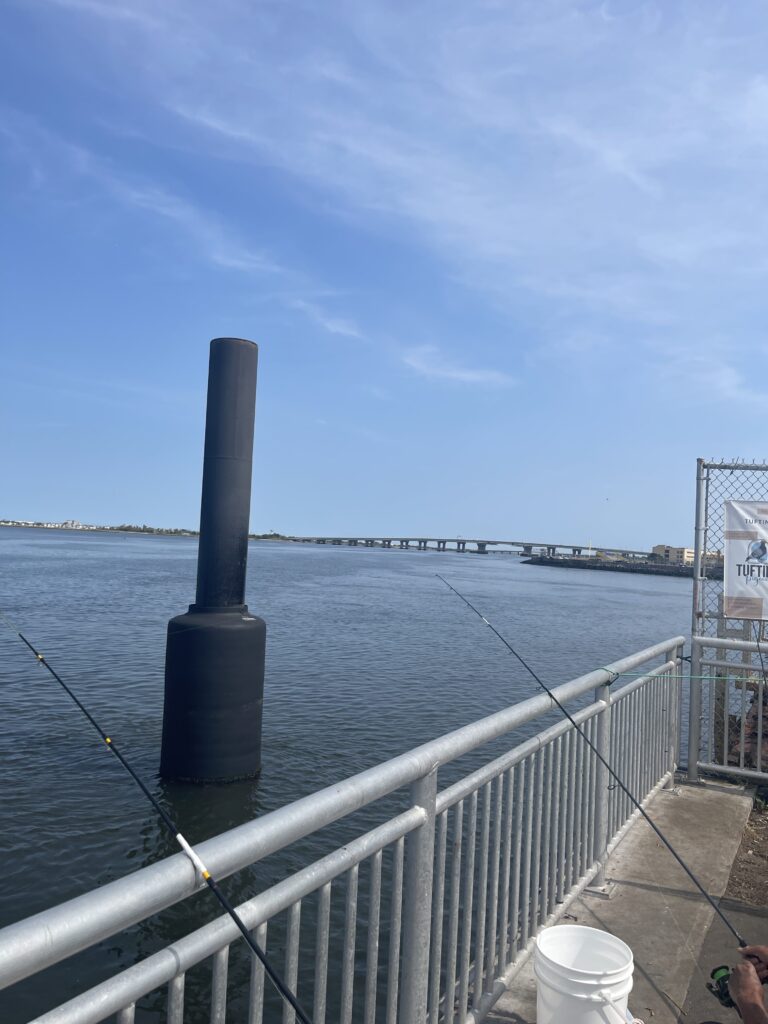 a metal railing with a body of water in the background (MyCoast AI)