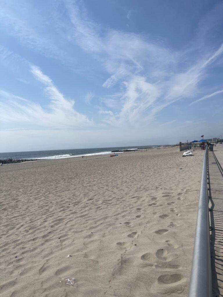 a sandy beach with a fence and a body of water in the background (MyCoast AI)