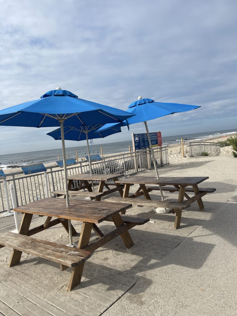 picnic tables and umbrellas on a beach (MyCoast AI)