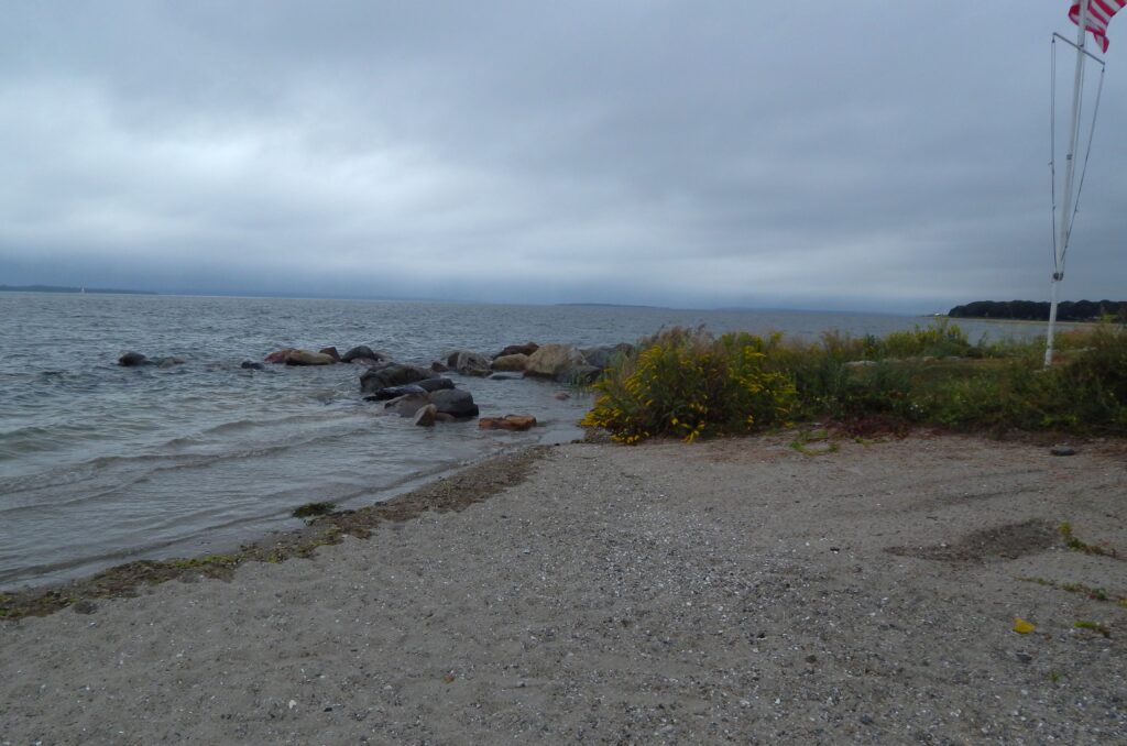 a rocky beach with a flag (MyCoast AI)