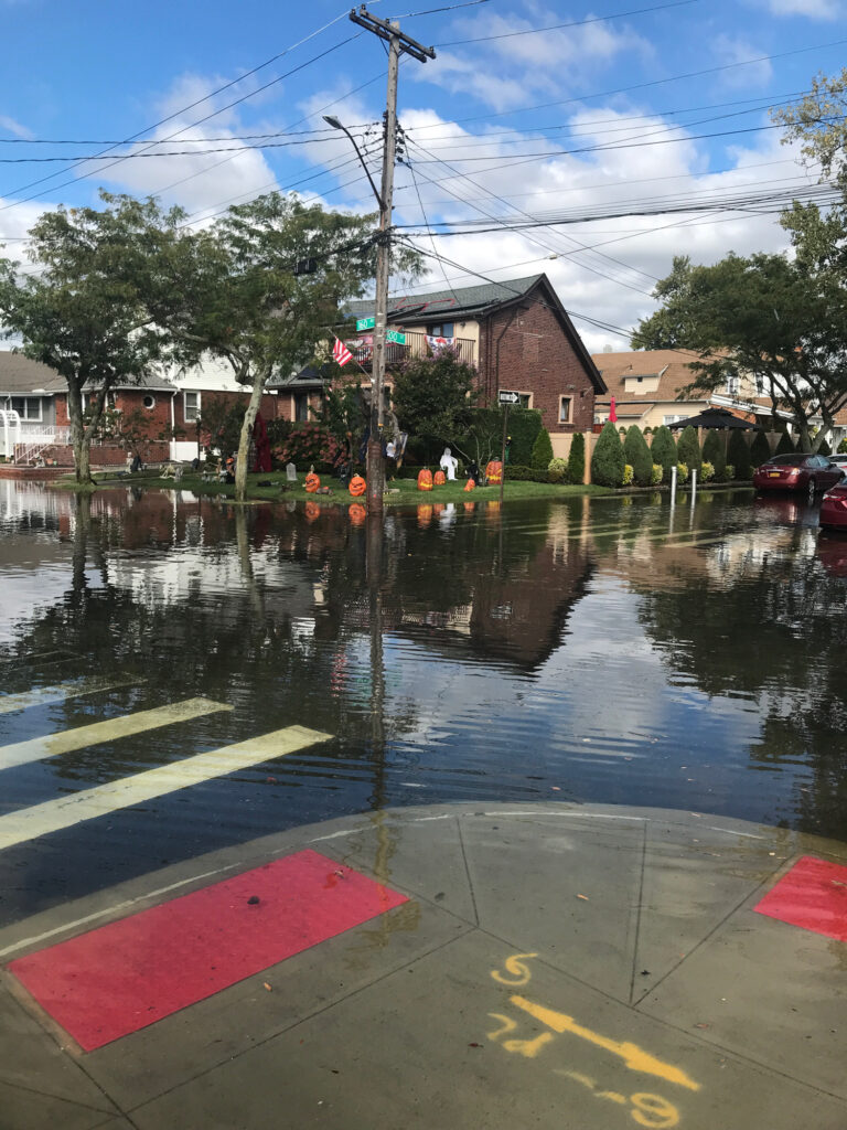 a flooded street with houses and trees (MyCoast AI)