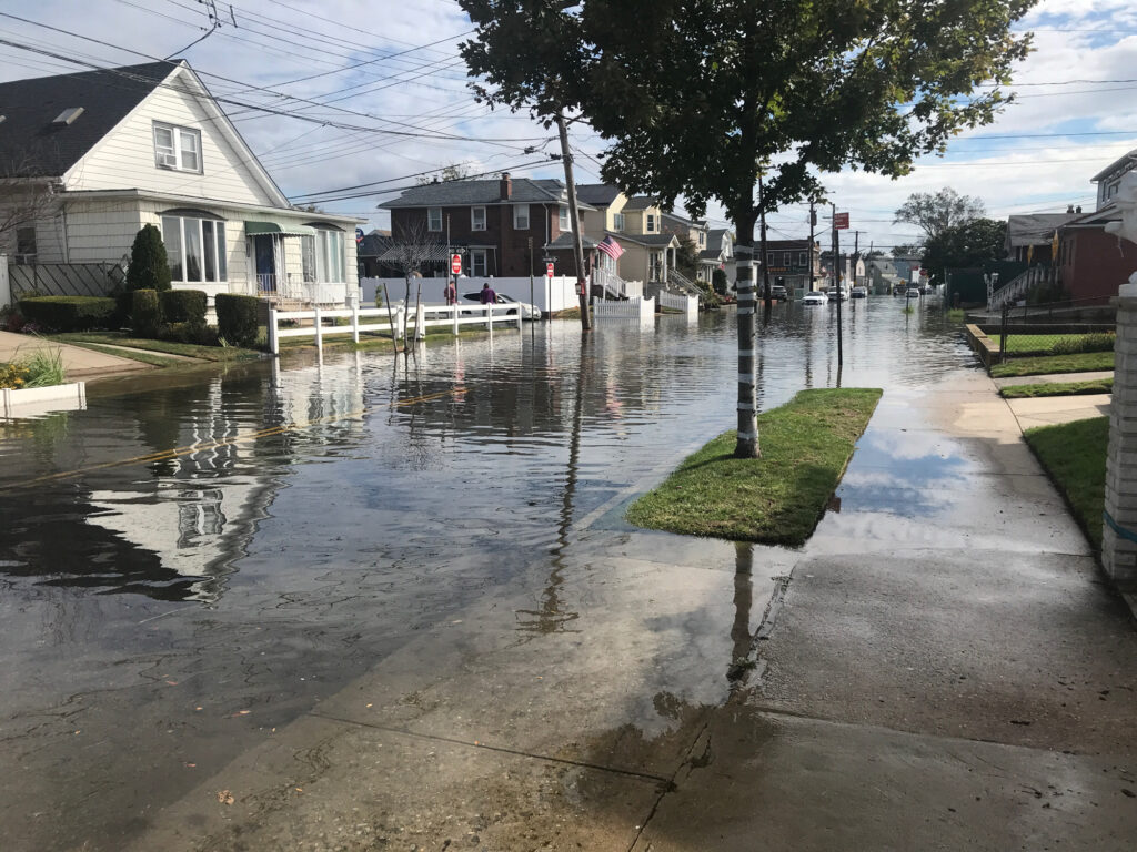 a flooded street with houses and trees (MyCoast AI)