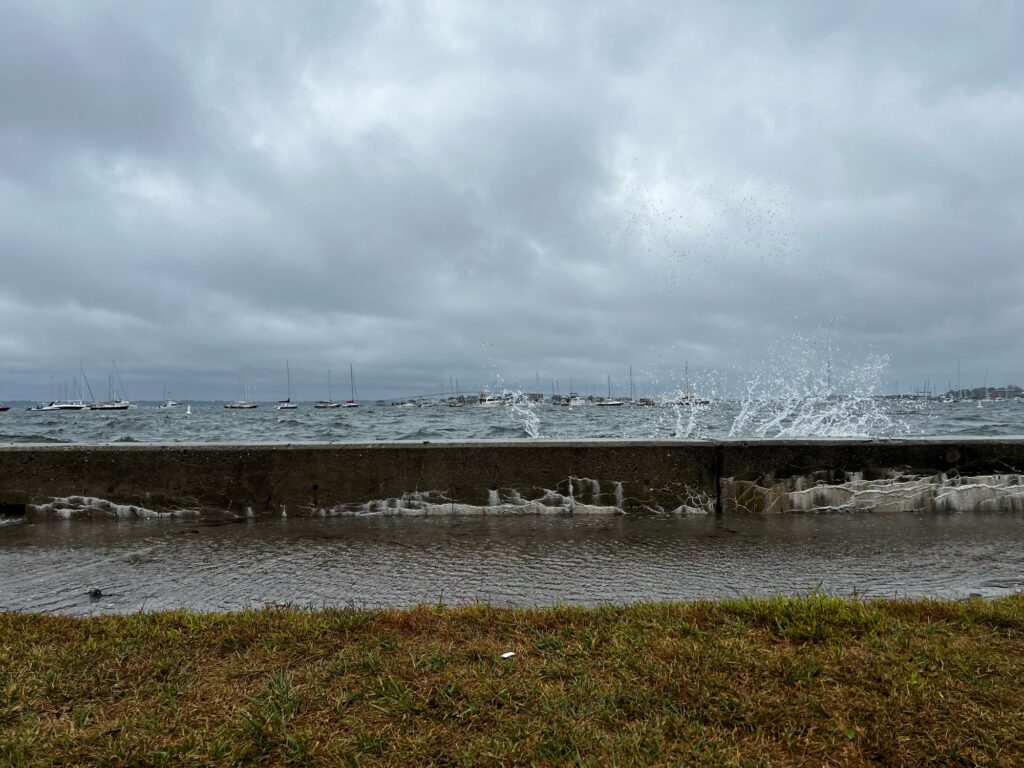 a body of water with a rocky shoreline and a cloudy sky (MyCoast AI)