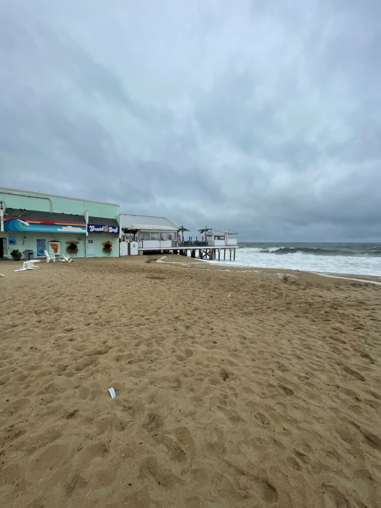 a beach with a pier and buildings (MyCoast AI)