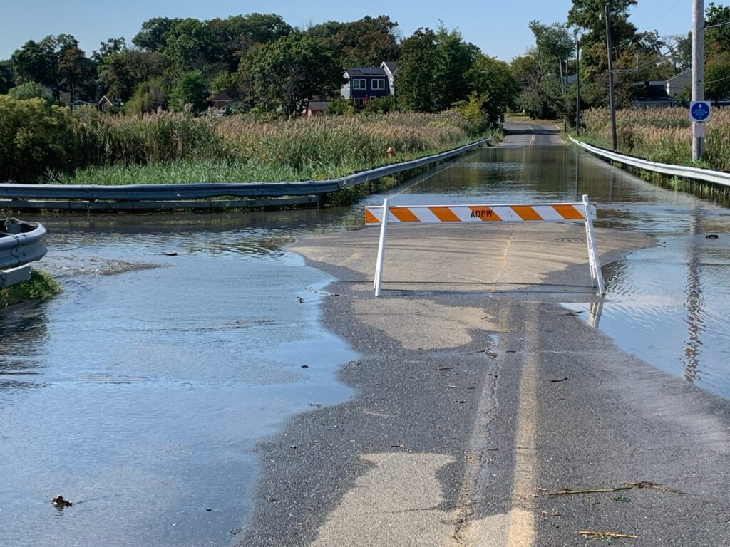 a flooded road with a bridge (MyCoast AI)