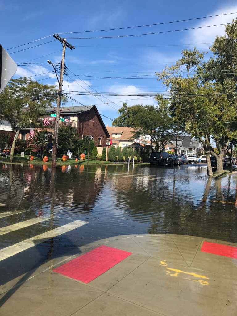 a wet street with houses and trees (MyCoast AI)