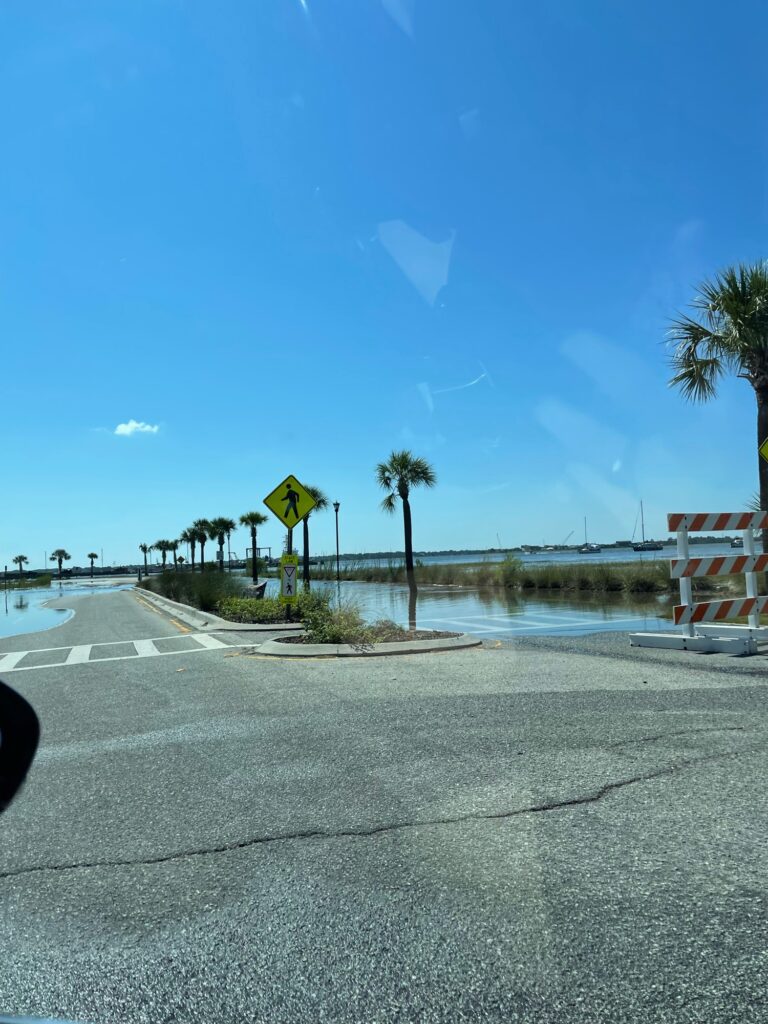 a road with a yellow sign (MyCoast AI)