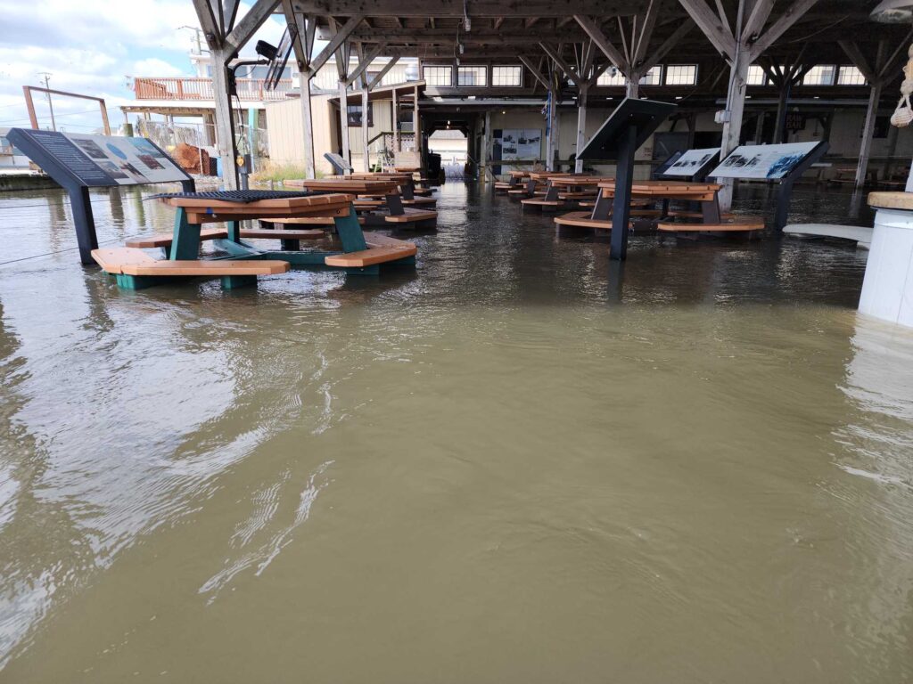 a flooded area with benches (MyCoast AI)