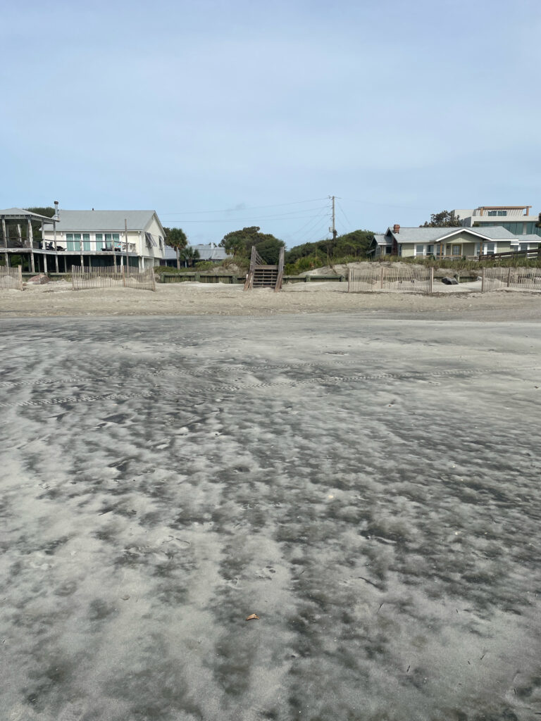 a sandy beach with houses in the background (MyCoast AI)